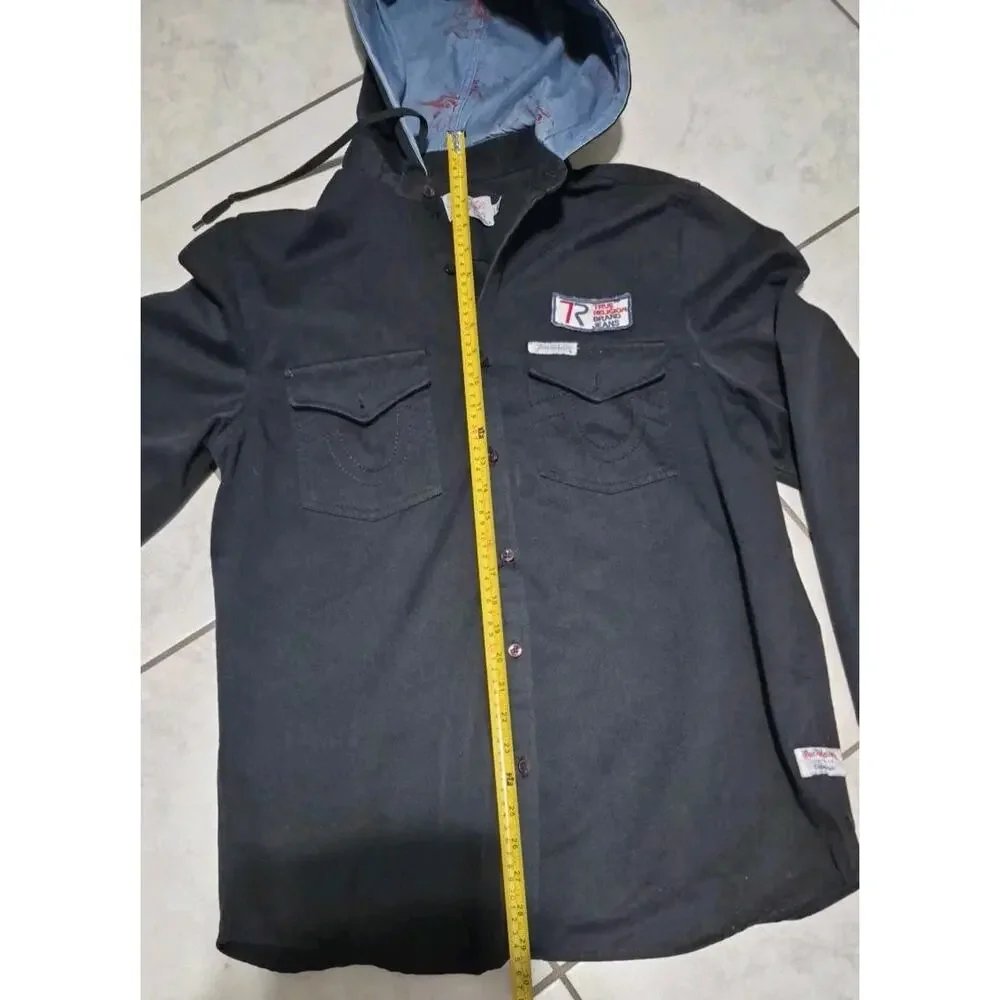 True Religion Mens XL Hooded Shirt Jacket Black 100% Cotton Made USA #0295